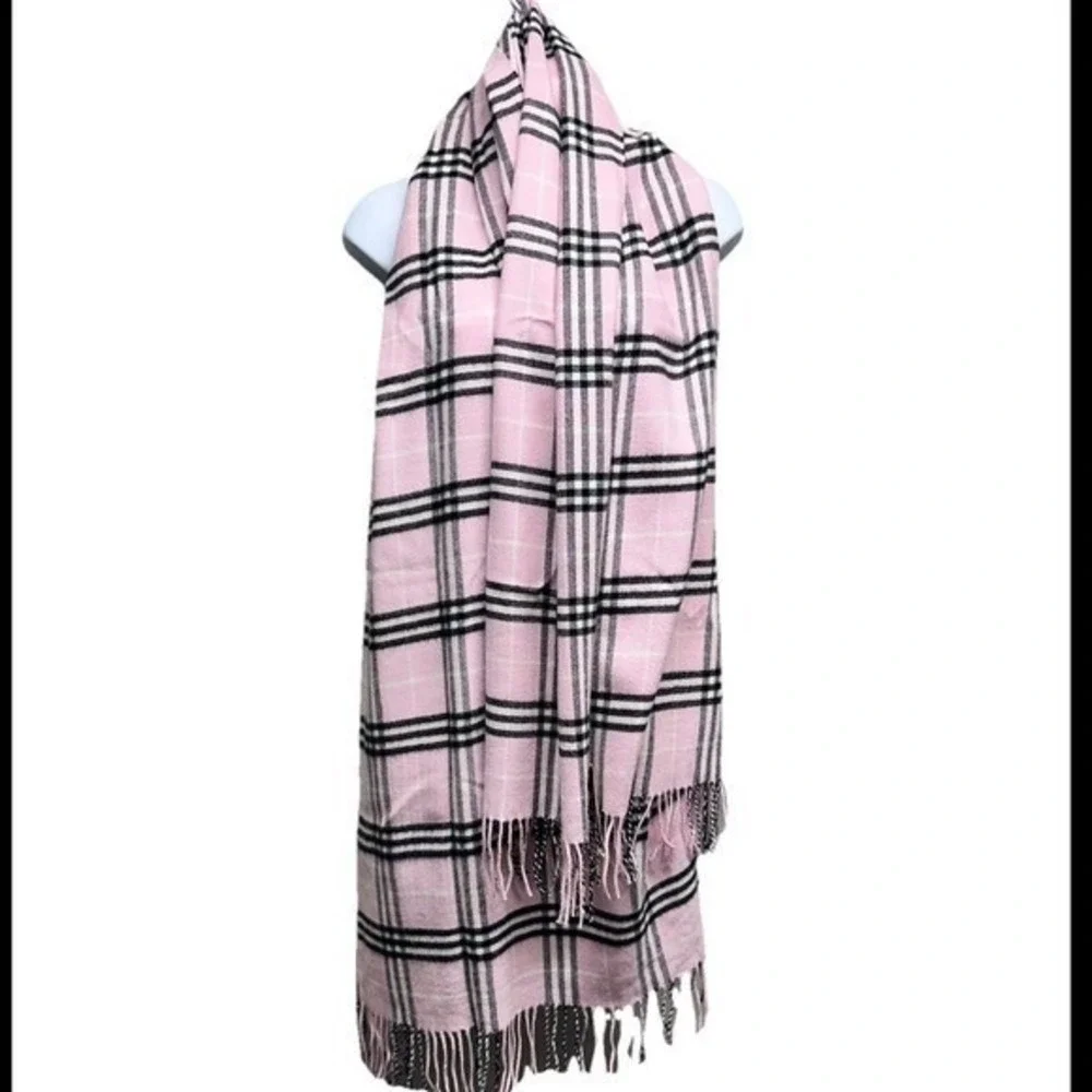 Rong Jia‎ Scarf Cashmere Fringe Trim Pink Tartan Plaid Shawl Wrap Cozy